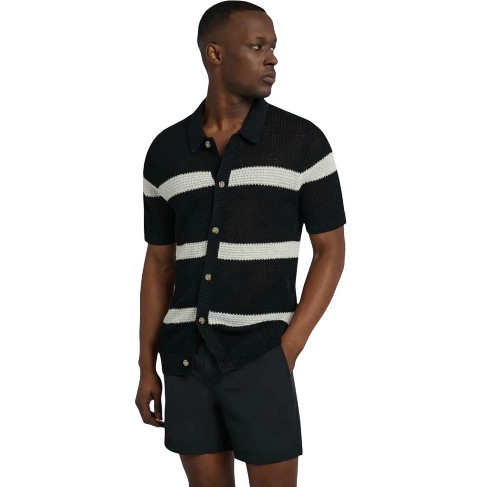 Onia Mens XL 100%‎ Linen Crochet Knit Button Down Polo Shirt Black White Striped